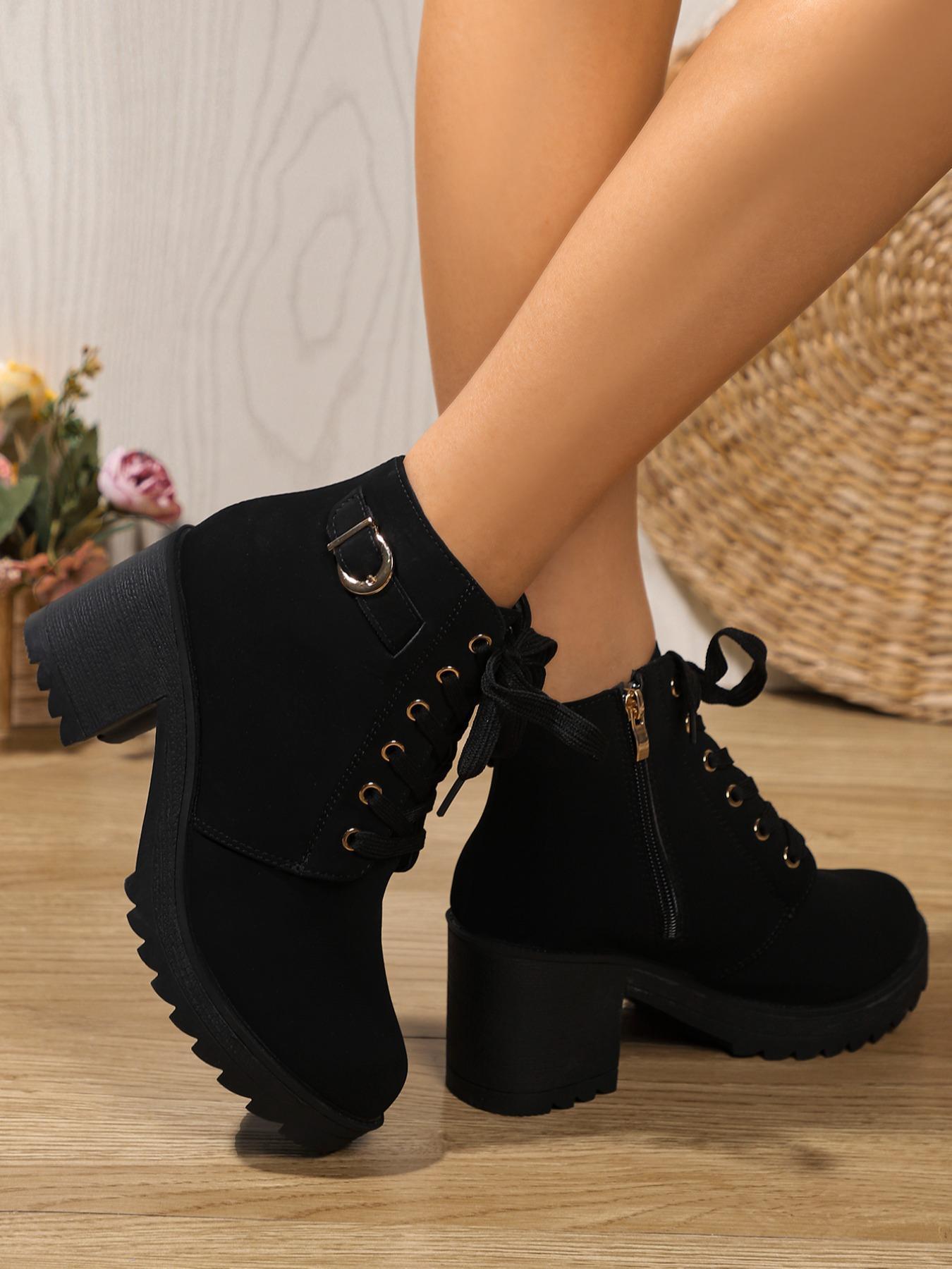 Women's Chunky Heel Thick Sole Ankle Boots, Side Zipper Lace-Up High Heel Boots, Fall Winter Casual Fashion Shoes