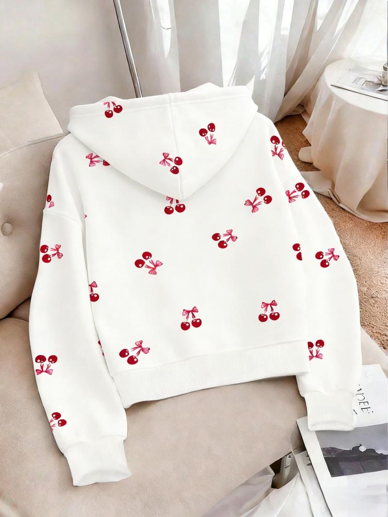 Oversized Cherry Print Zip-Up Hoodies for Women | Soft Fleece Long Sleeve Casual Hooded Sweatshirts | Loose Fit Daily Streetwear | Single Piece | White & Red Cherry Pattern Style | Graphic Hoodies