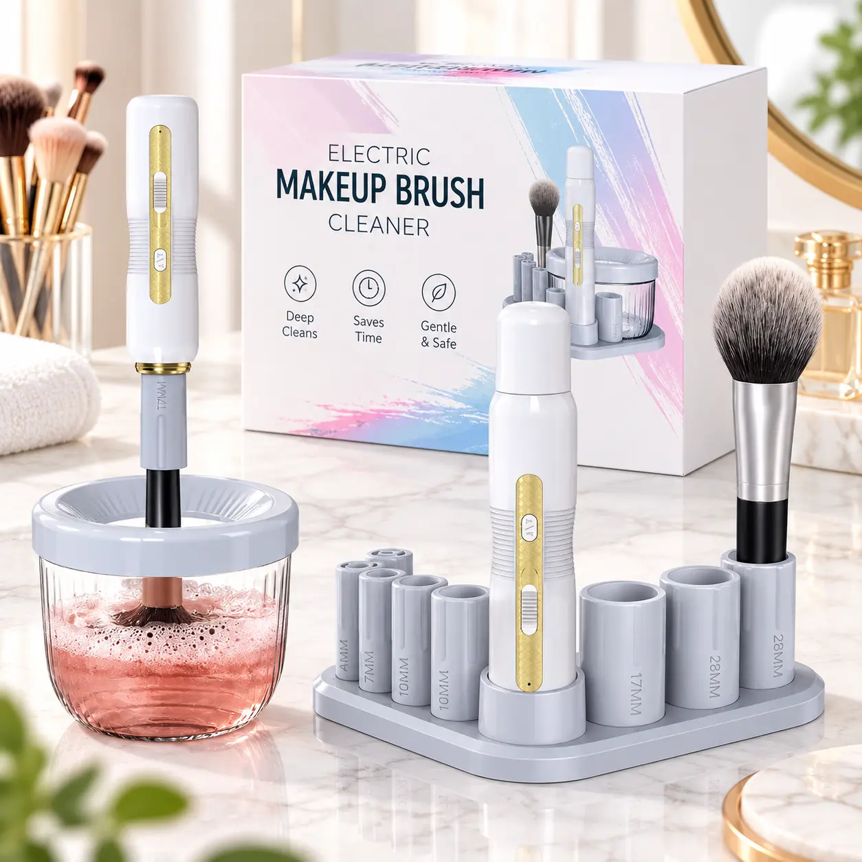 Electric Makeup Brush Cleaner & Dryer, 2000mAh Rechargeable Automatic Brush Cleaning Machine with 8 Silicone Collars, Cleaning Bowl & Storage Stand for Cosmetic Brushes