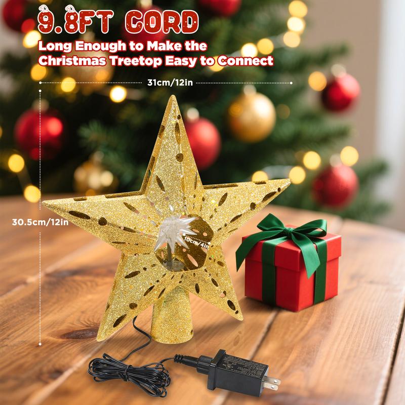 Golden Rotating Christmas Tree Topper with RGB LED Lights, 360° Spinning Diamond & Projection, Festive Tree Decoration with Power, Christmas Tree Topper with Lights, Christmas Decorations for Home Indoor, Candyland Christmas Tree Decorations