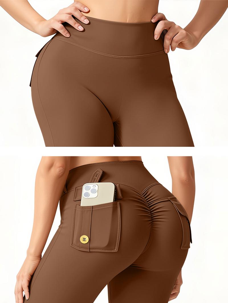 Women's High Waisted Tight Fit Flare Pants with Pockets, V-Shape Waist Design, Butt Lifting Yoga Pants, Casual Fall Winter Workout Wear, High Stretch Leggings