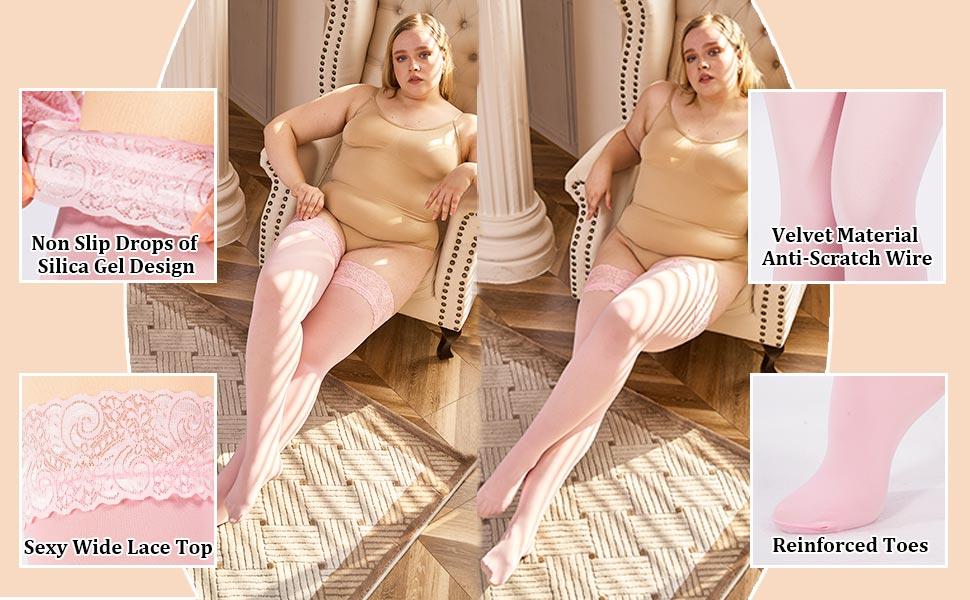 Moon Wood Plus Size Thigh High Stockings Womens 55D Semi Sheer Silicone Lace Top Stay Up Lingerie Thigh Highs Pantyhose