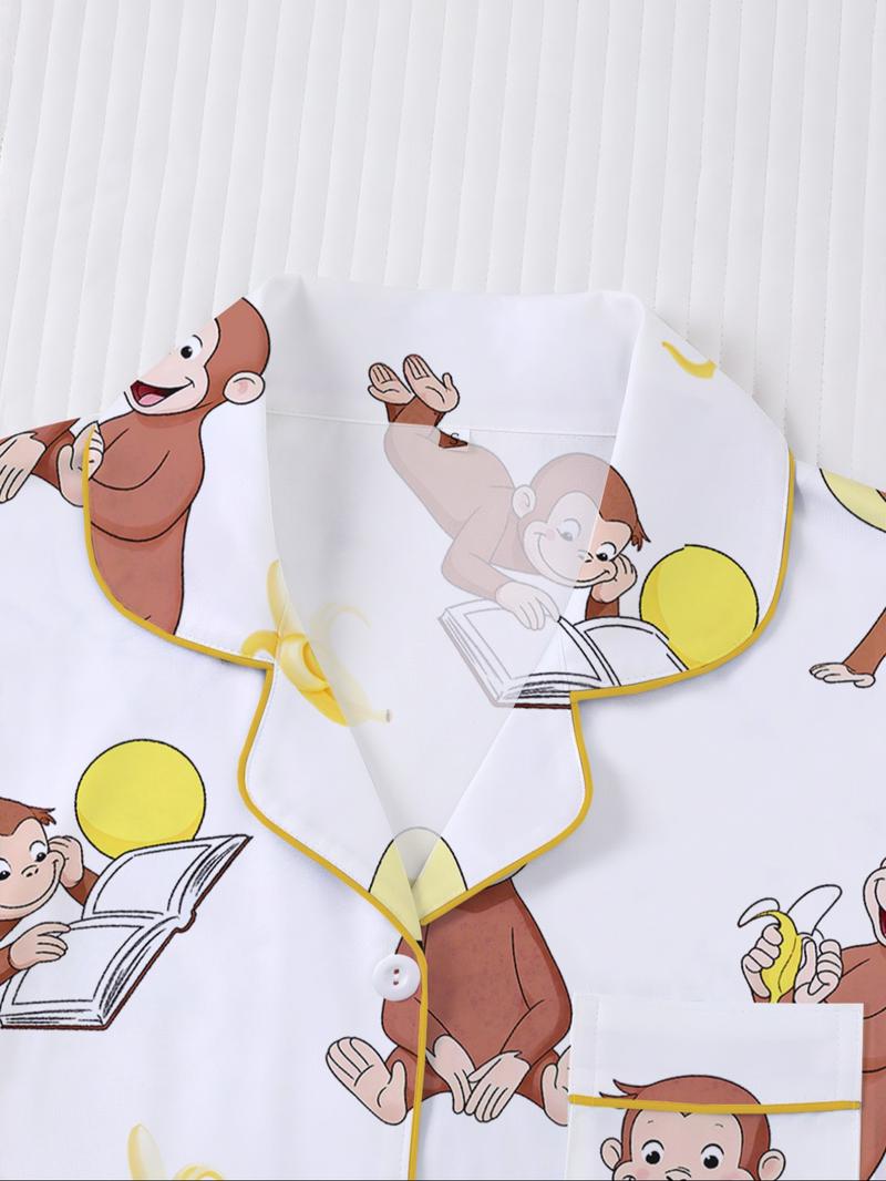 Women's Monkey Banana Print Sleepwear Set, Comfortable Short Sleeve Button Shirt & Loose Elastic Shorts, Fashion Casual Home Wear, Pajama Set