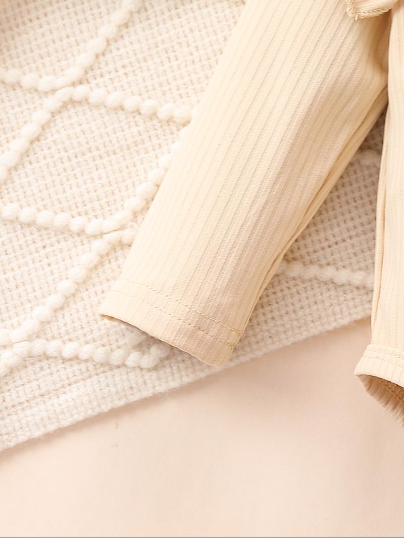 Three-piece Set Girl's Plain Ruffle Trim Bodysuit & Leopard Print Elastic Waist Pants & Hair Band Set, Casual Long Sleeve Round Neck Bodysuit & Trousers & Hair Band for Daily Wear, Kids Clothing for All Seasons, Girl Clothes, Essentials Set