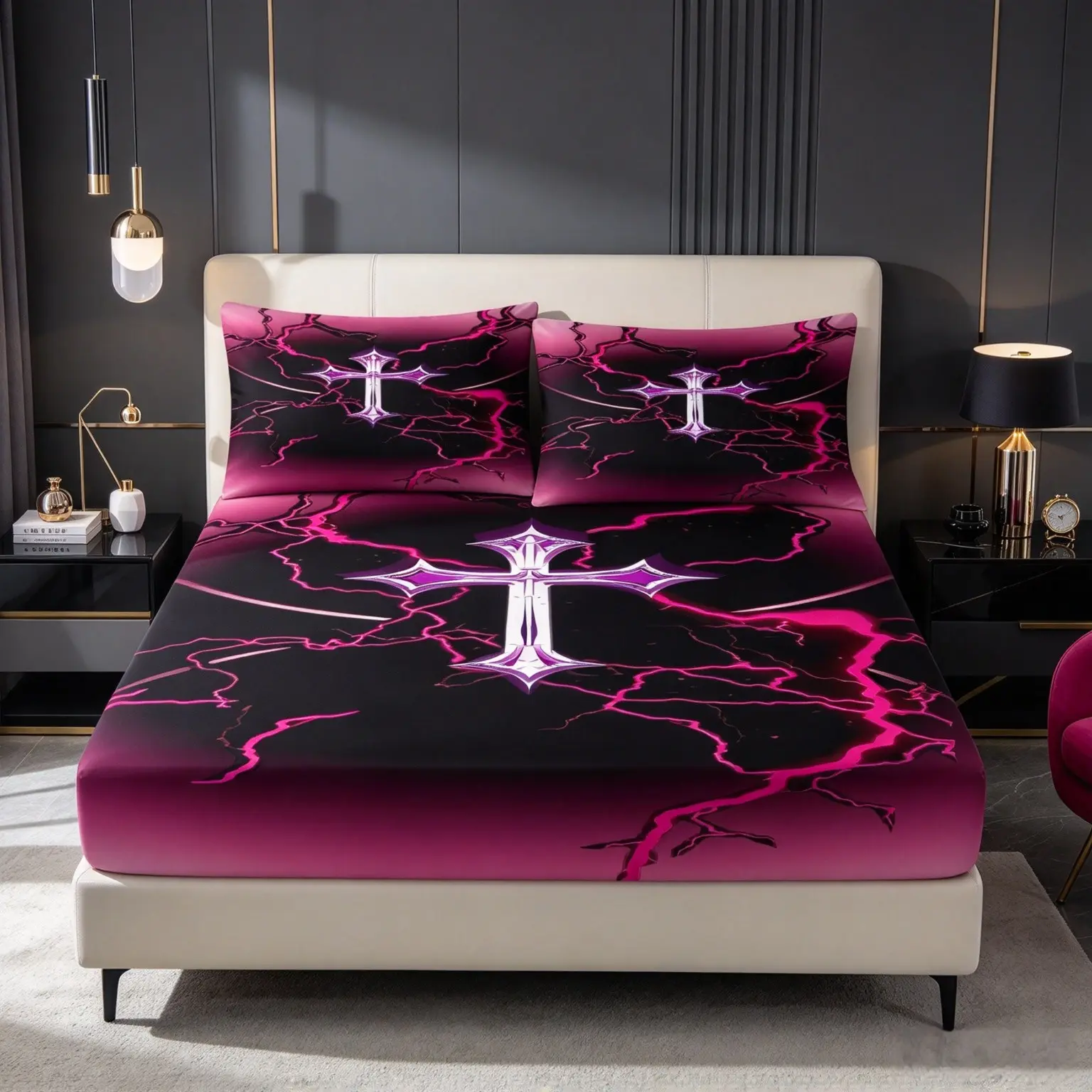 Gothic Cross Print Fitted Sheet 3-piece Set, Deep Pocket Elastic Fitted Sheet, 1 Fitted Sheet and 2 Pillowcases. Dark Aesthetic Bedroom Decor, Great For Teens and Adults, No Pillow Inserts