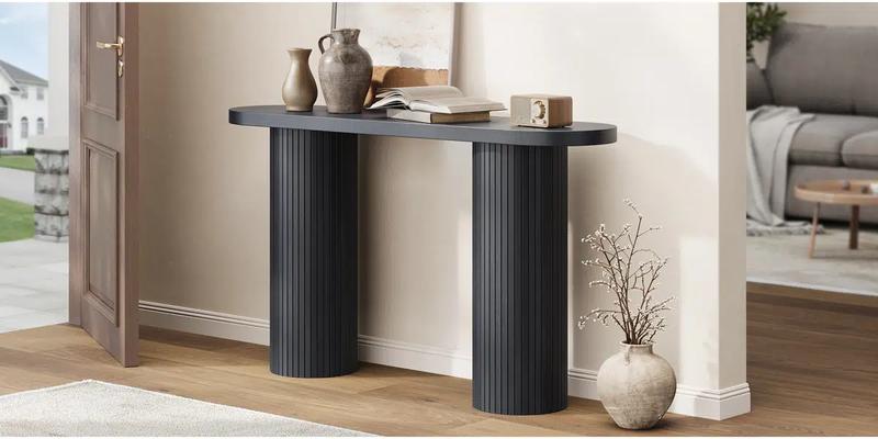 【Valentine's Day Gift】ONBRILL 55'' Tambour Console Table With Oval Tabletop For Living Room Hallway Foyer Entrance Study