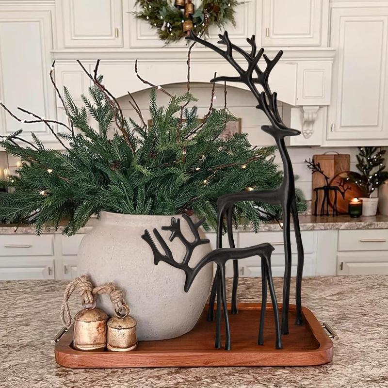 Set of 2 Rein deer Statues, Alloy Christmas Figurines, Deer Sculptures, Holiday Decorations, Festive Home Ornament