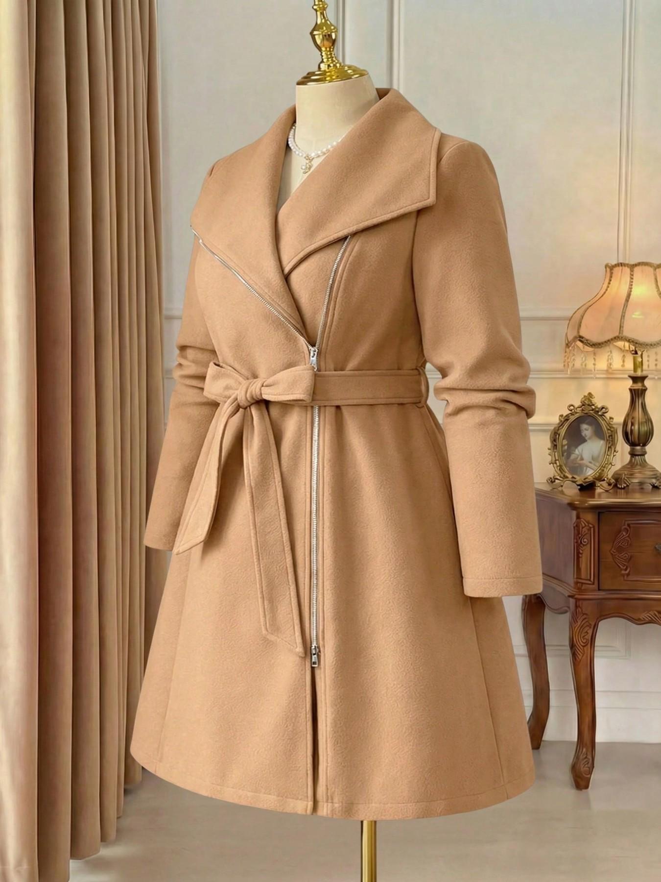 Plus Size Women’s Elegant Belted Coat, Long Sleeve Zip Front Lapel Outerwear, Chic Casual Fall Winter Long Jacket for Work, Going Out and Everyday Style