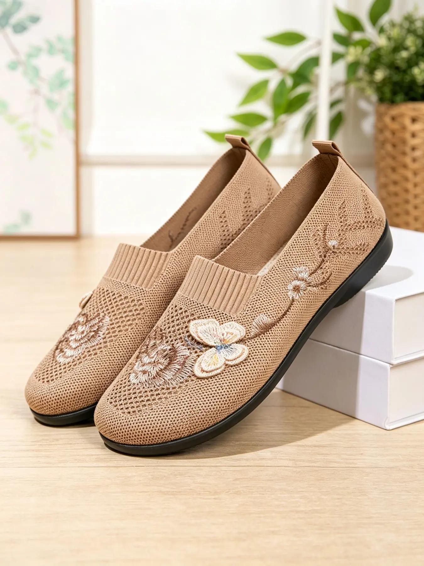 Butterfly Floral Embroidered Mesh Knit Flat Women's Shoes, Lightweight Slip-On Walking Casual Footwear, Comfortable Everyday Wear