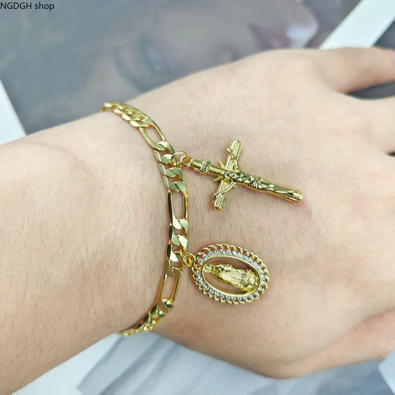 Virgin Mary Chain Bracelet in Gold-Tone, Waterproof Religious Jewelry for Men & Women, Spiritual Protection for Sports or Daily Wear, Religion, Gold Bracelets, Casual, Everyday Wear, Unisex