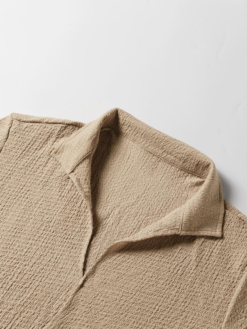 Men's Solid Jacquard Collared Blouse & Drawstring Pocket Pants Set, Casual Regular Fit Half Sleeve Top & Elastic Waist Trousers for Spring & Summer, Men's Clothes