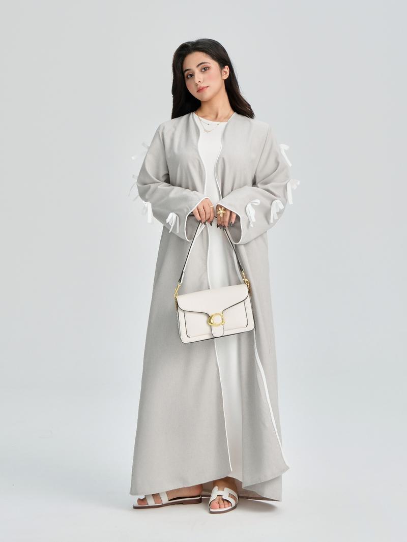 Women's Solid Color Bow Decor Wave Trim Open Front Cardigan, Casual Long Sleeve Outerwear for Daily Wear, Ladies Clothes for All Seasons