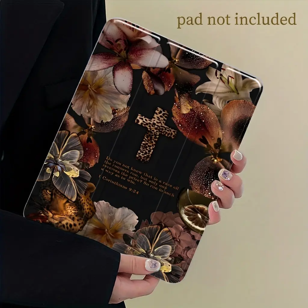 Leopard Print Cross iPad Protective Cover, Ipad Covers, with Trifold Stand & Auto Wake/Sleep, Pencil Slot & Charger Port, Transparent Acrylic Hard Back, Shockproof Scratch Resistant, Fits iPad 7.9/10.2/10.5/10.9/11 inch, Tablet Accessories (Case Only)