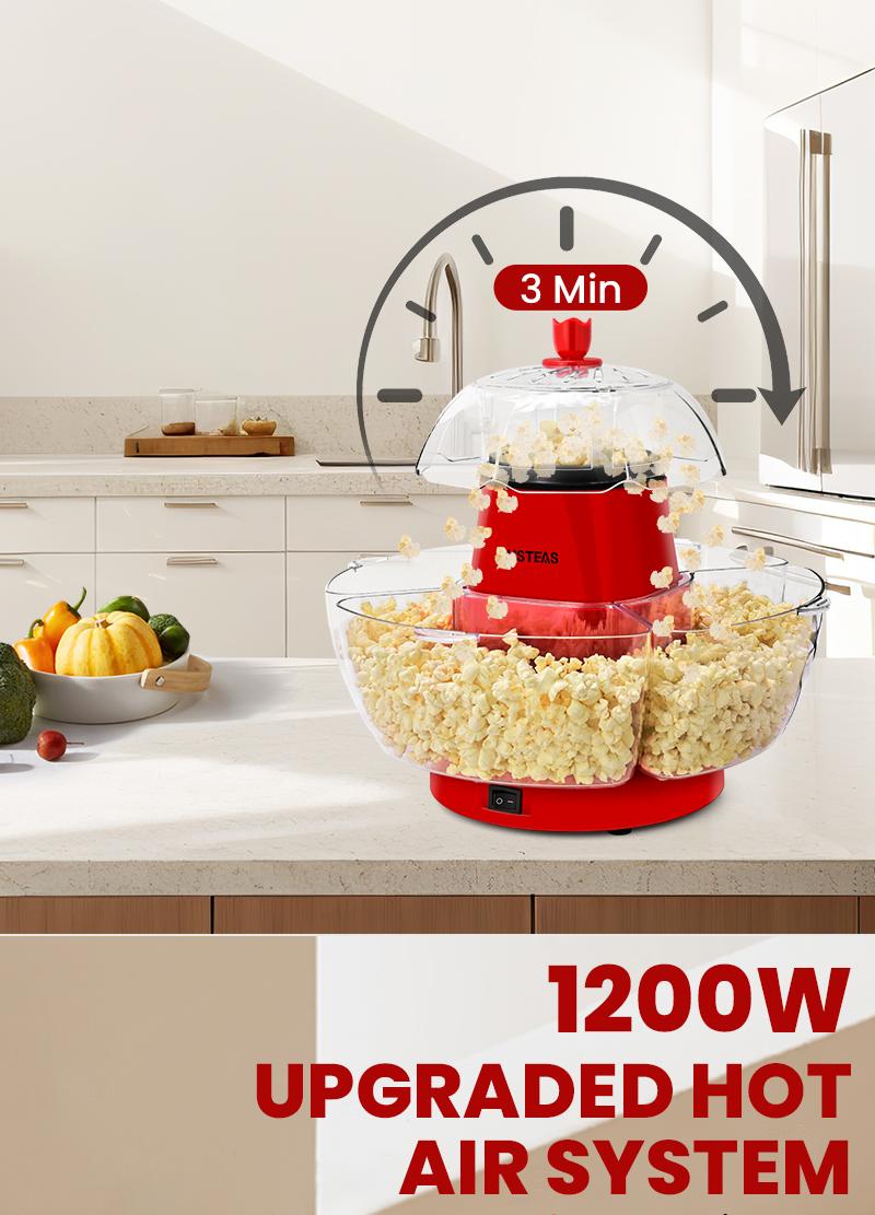 SUSTEAS Healthy Hot Air Popcorn Maker: Oil-Free, Fast, Includes 4 BPA-Free Bowls, Easy to Clean. Ideal for Family Movie Nights machine