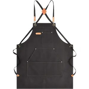 Canvas Aprons for Men Chef Apron, Work Apron with Large Pockets - 16oz Heavy Duty Cross Back, BBQ, Cooking