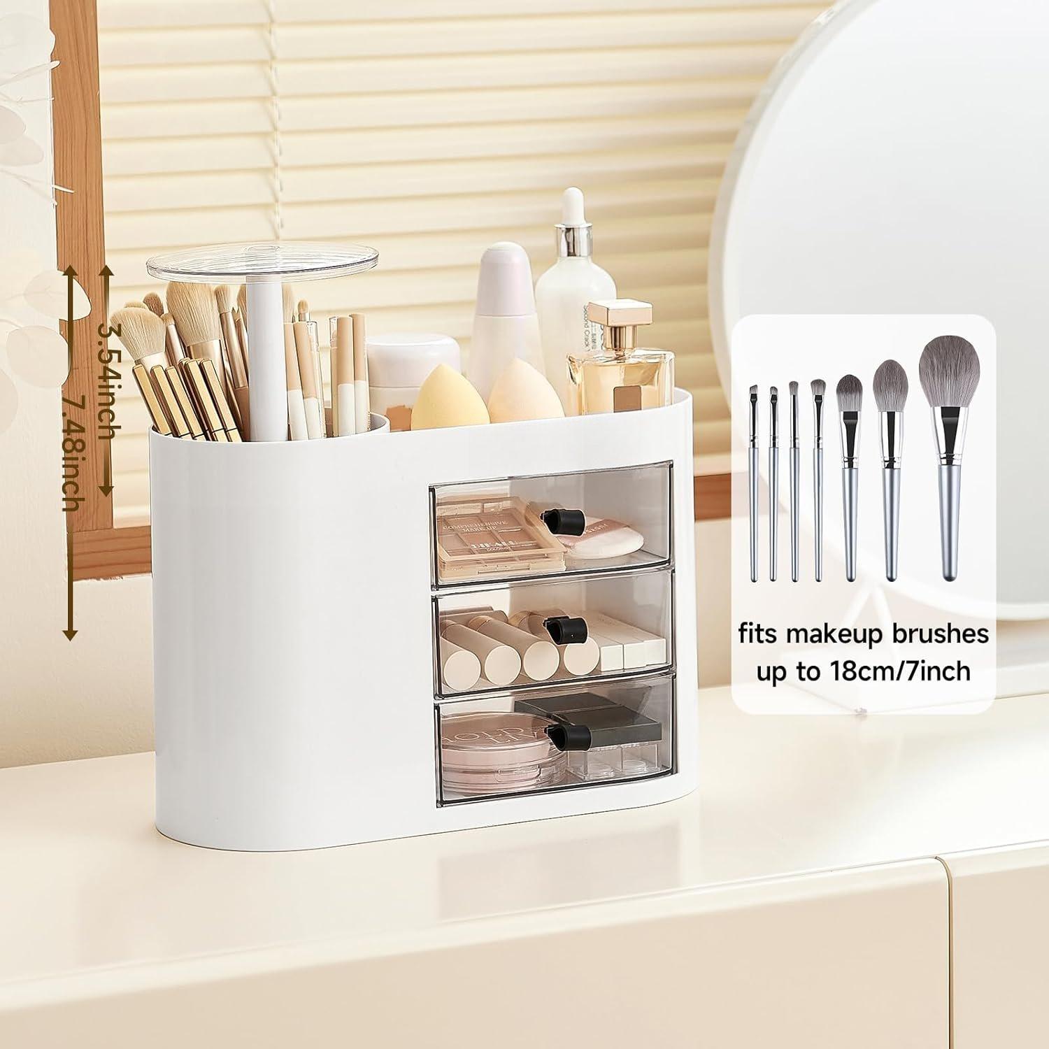 Makeup Organizer with Pop-Up Brush Holder for Dresser , Plastic Bathroom Counter Organizer with 3 Drawers & Dust-Proof Cover,  Display Case for Lipstick, Skincare, White