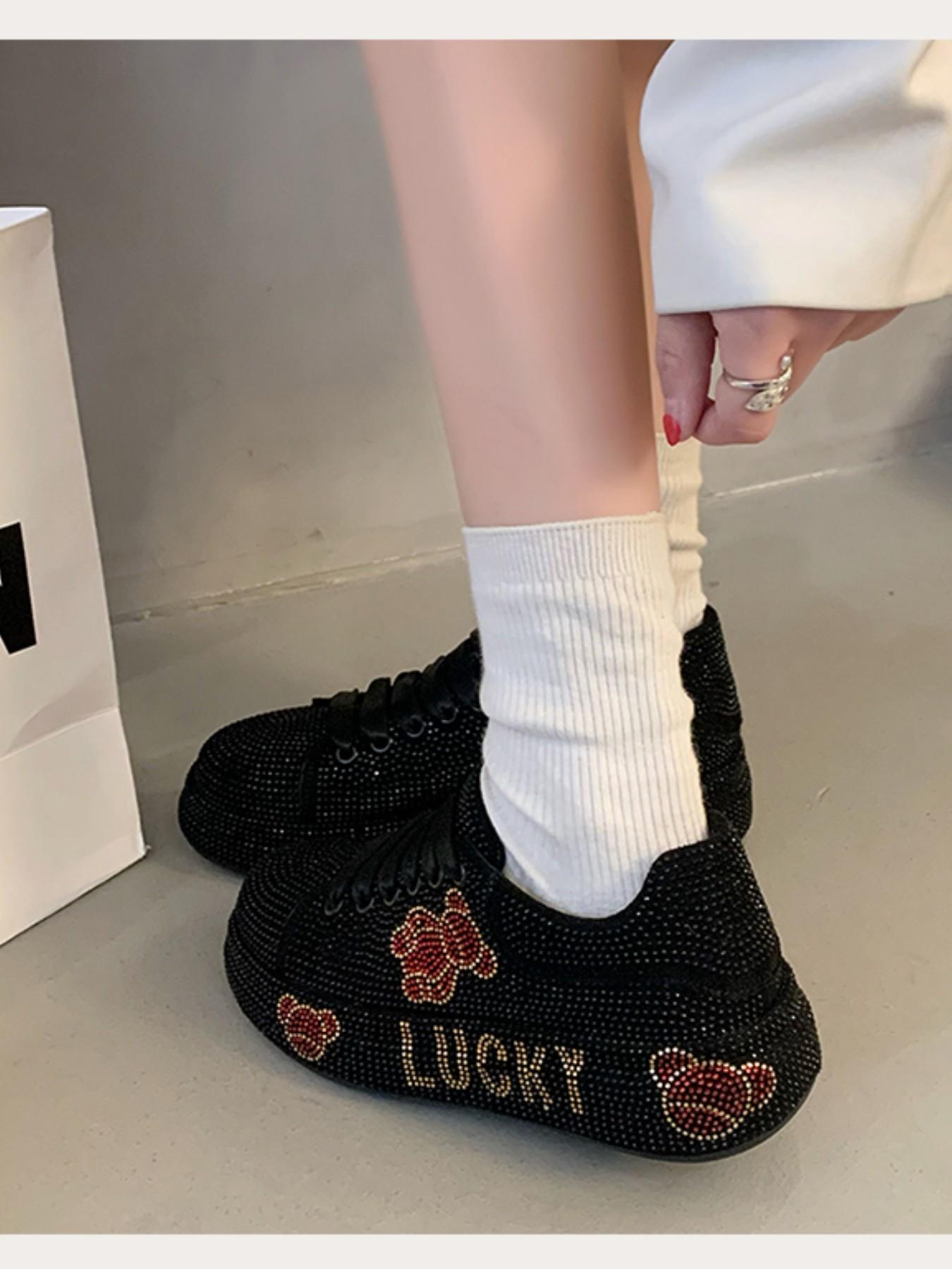 Full Diamond Thick Sole Sport Casual Shoes, Unique Design Handmade Embellished Luxury Thong Dad Sneakers, Party Banquet Multi-Scene Cool Women's Shoes