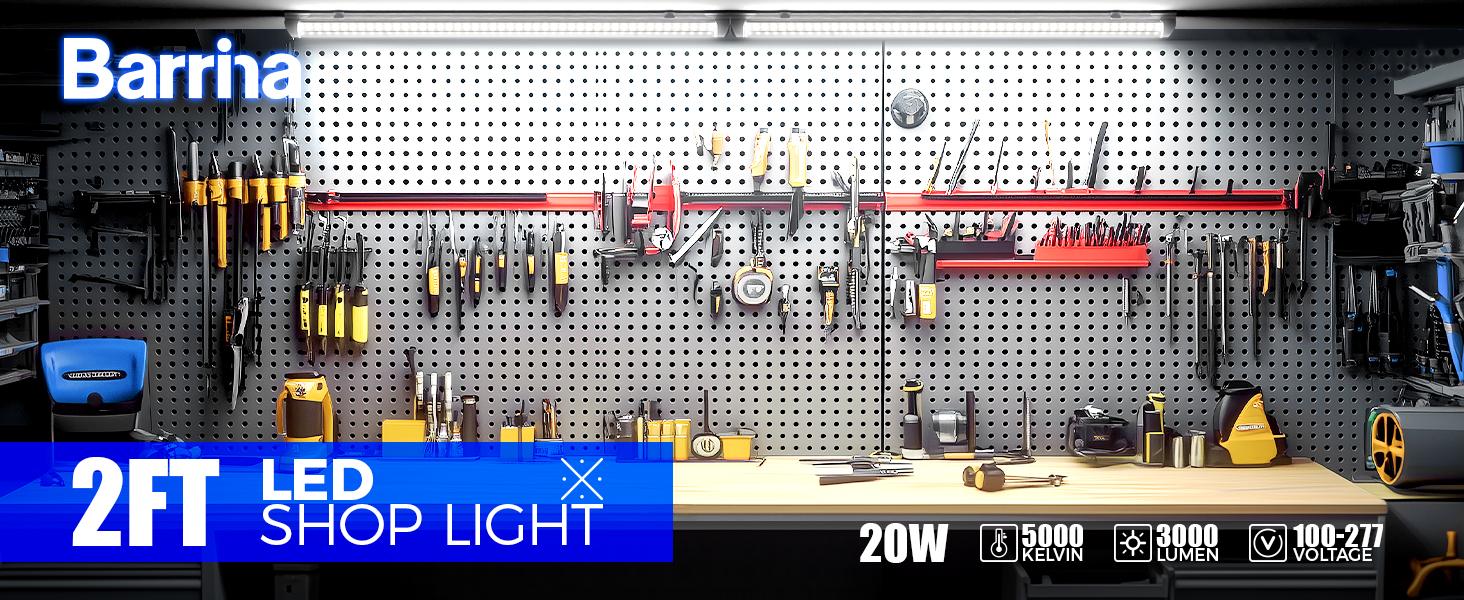 Barrina T8 LED Shop Light 2ft, 20W 3000LM 5000K, T8 LED Light Fixture, Linkable Shop Lights for Room, Garage, Workbench, Warehouse, 2 Packs