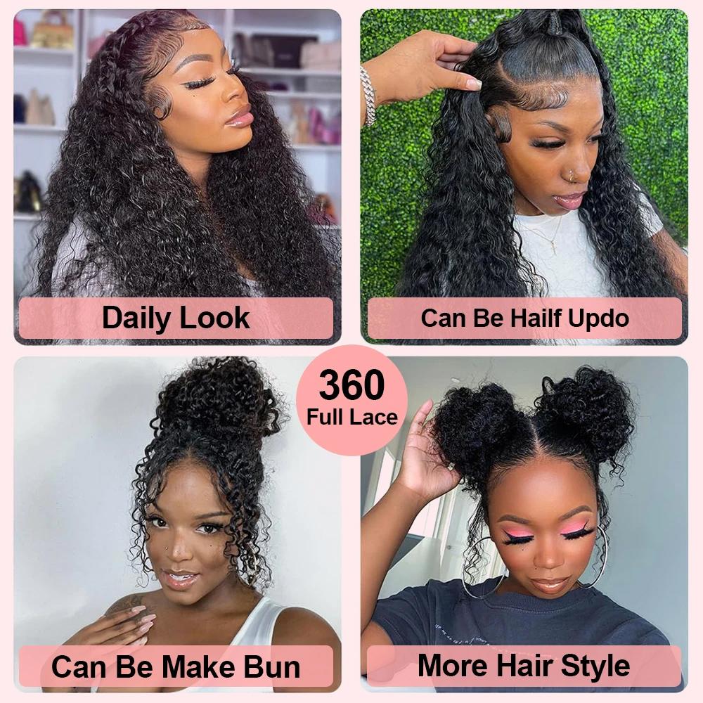 Pizazz Hair Hidden Strap 360 Drawstring Glueless Wigs Human Hair Pre Plucked Pre Bleached Knots 220 Density Water Wave Full Lace Frontal Wig with Drawstring Curly HD Lace Wigs for Women