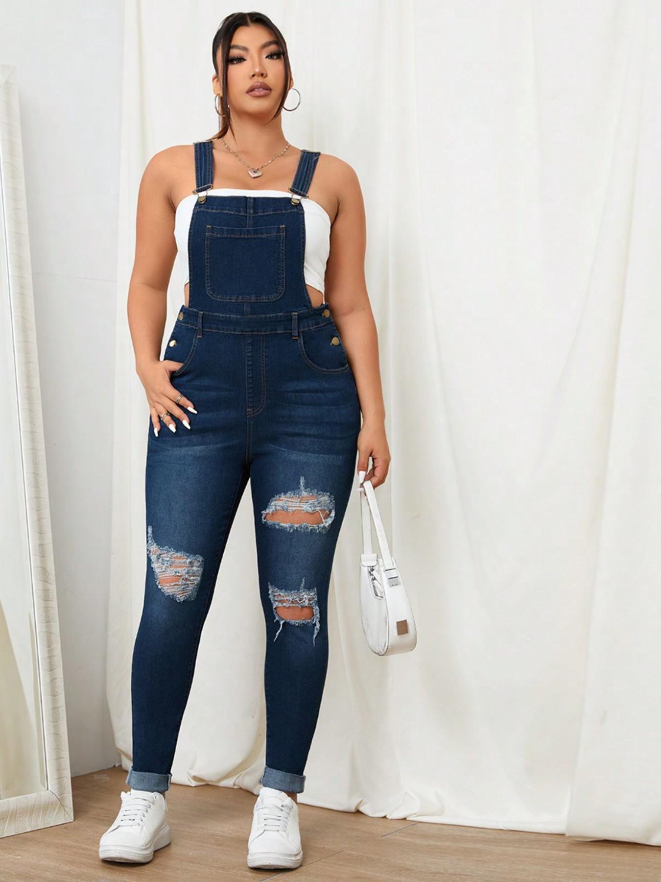 Women's Sweet Cool Denim Strap Jumpsuit, Boho Ripped Design Loose Fit Slimming Overall, Dark Color Casual Home Essential Bohemian Womenswear