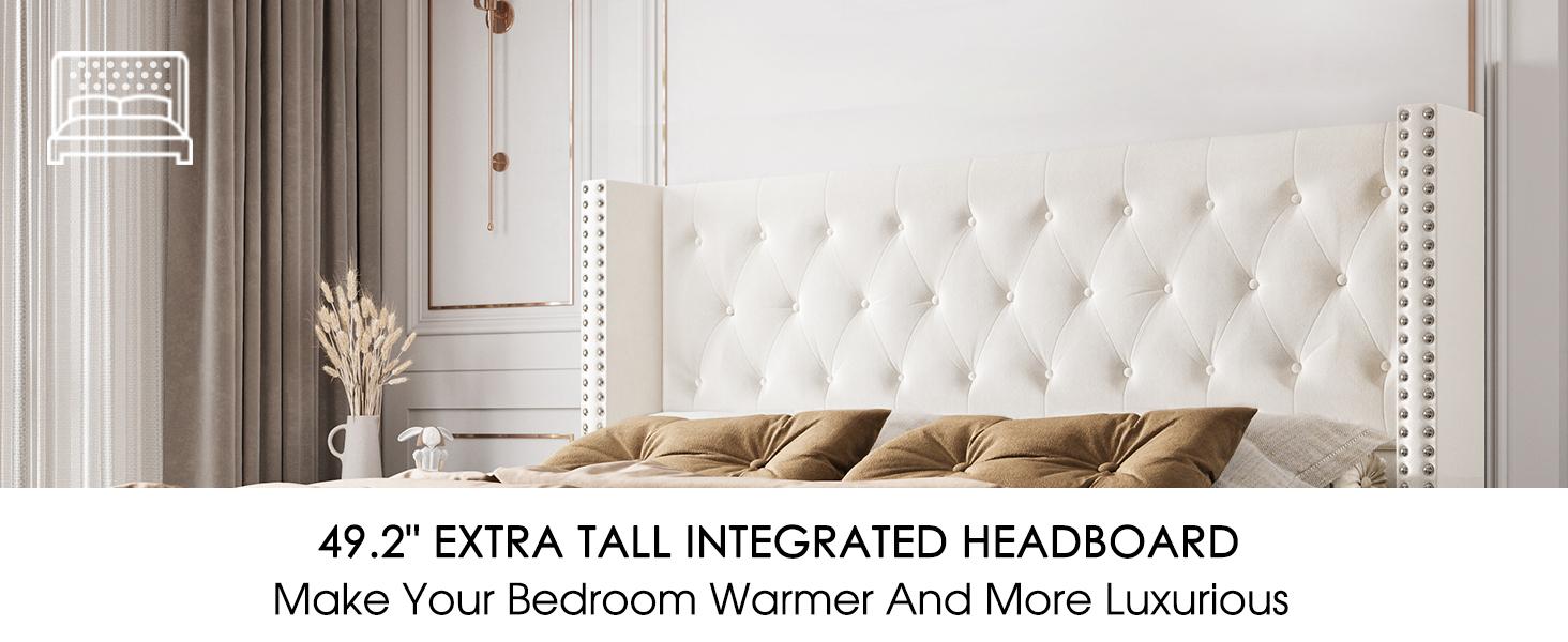 VanAcc Upholstered Bed Frame with 49.2" Tall Headboard, Modern Wingback Platform Bed, Low Profile Velvet Tufted Button, No Box Spring Needed