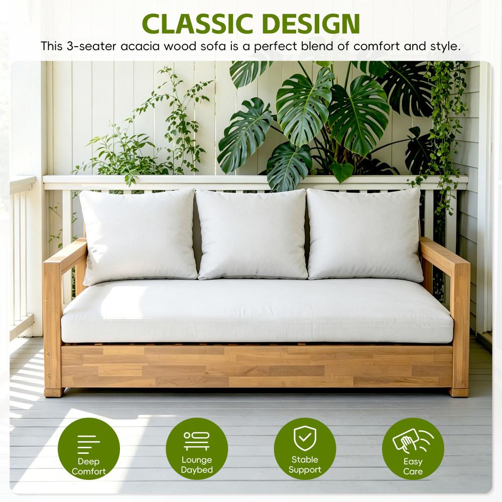 Patio Acacia Wood 3-seater Sofa Outdoor Low Seating Daybed for Poolside,Backyard,Deck, Front Porch,Indoor Use, Teak+Light Gray