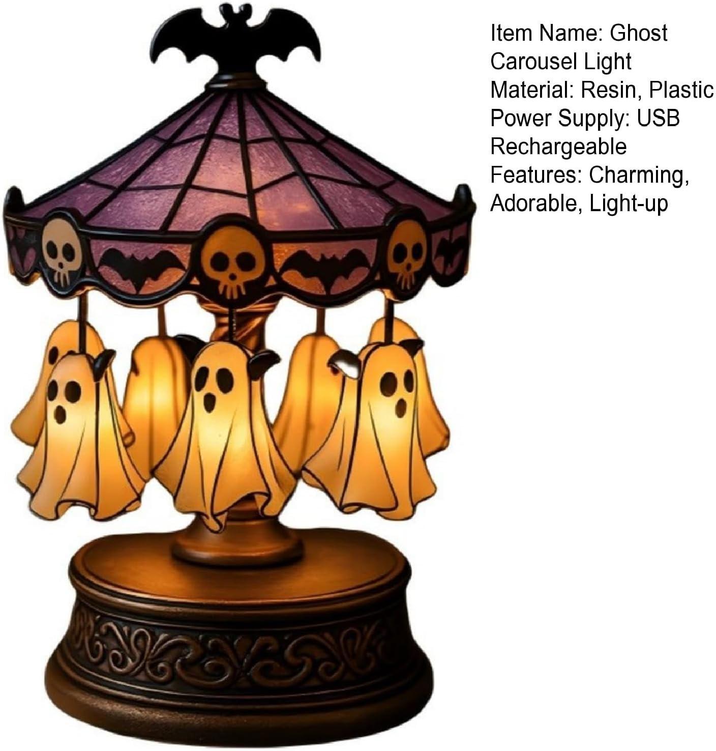 Cute Halloween Ghost Carousel Night Light, Antique Stained Glass, Vintage Carousel Decor, Indoor Home Party Kitchen Table