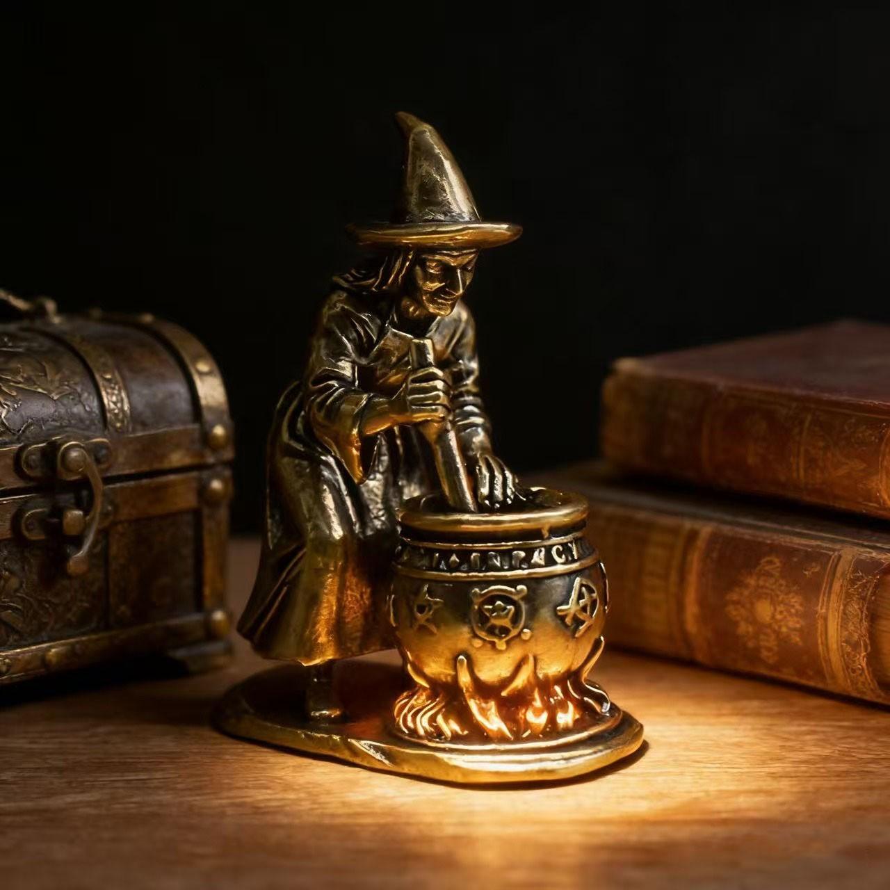 Vintage Brass Witch Grinding Pot Statue Figurine, Pentagram Magic Miniature Craft, Desktop Decoration, Collectible Wizardry Ornament, Creative Desk Tea Pet Gift