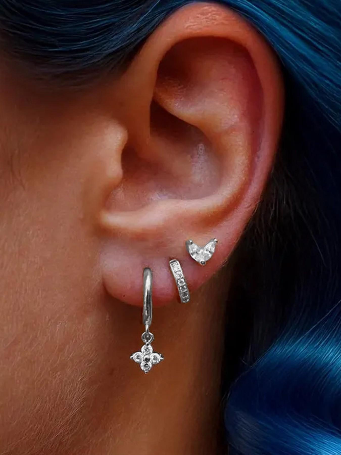 3-Piece Stackable Earrings Set, Floral Dangle Ear Cuffs + Rhinestone Studs + V-Shaped Hoops, Allergy-Free, Trendy for Office & Dates