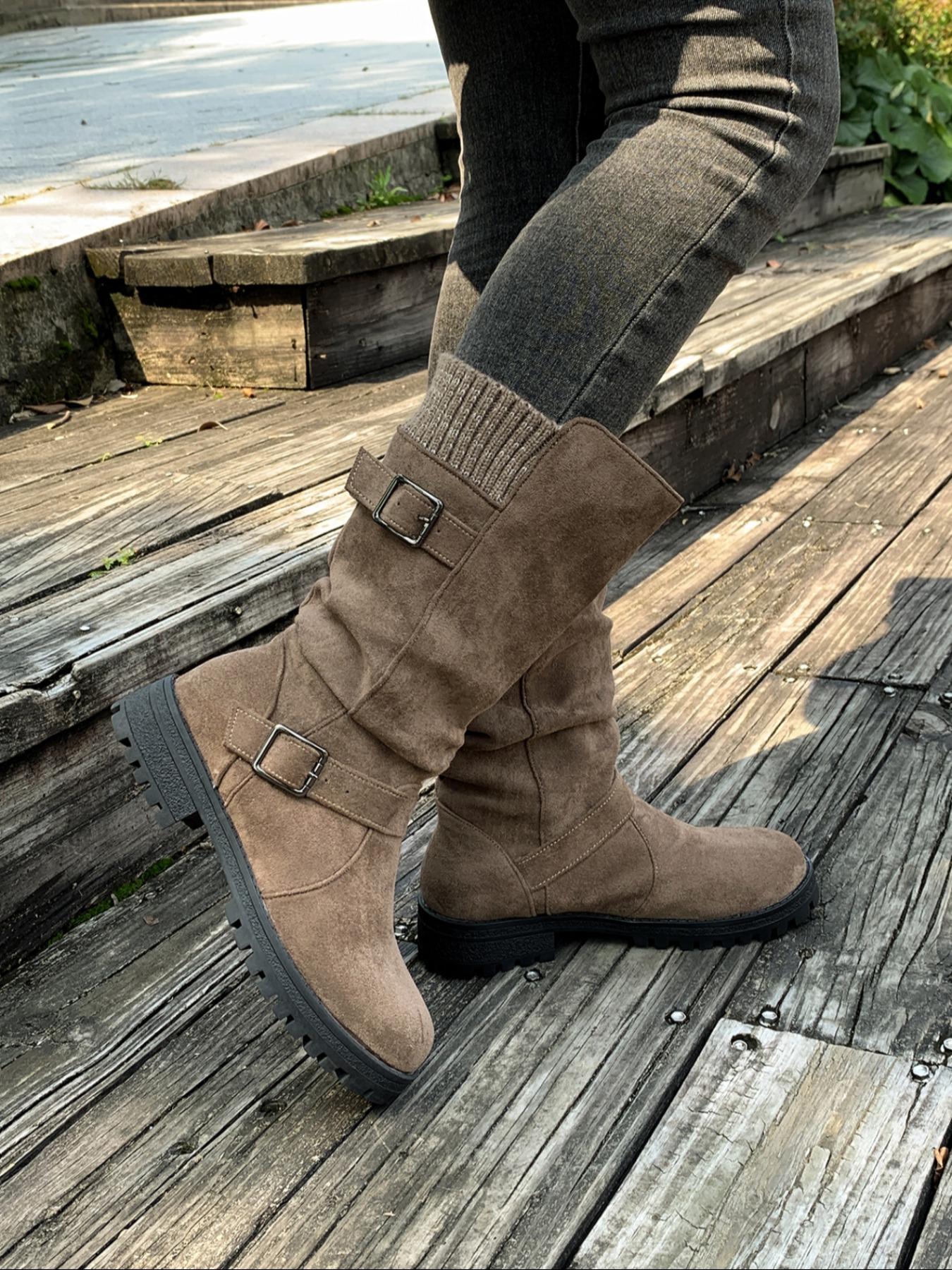 Comfortable mid calf suede women's boots for autumn and winter, Round Toe Boot, with a retro flat design that is comfortable and versatile, perfectly fitting the legs, and suitable for autumn and winter fashion boots