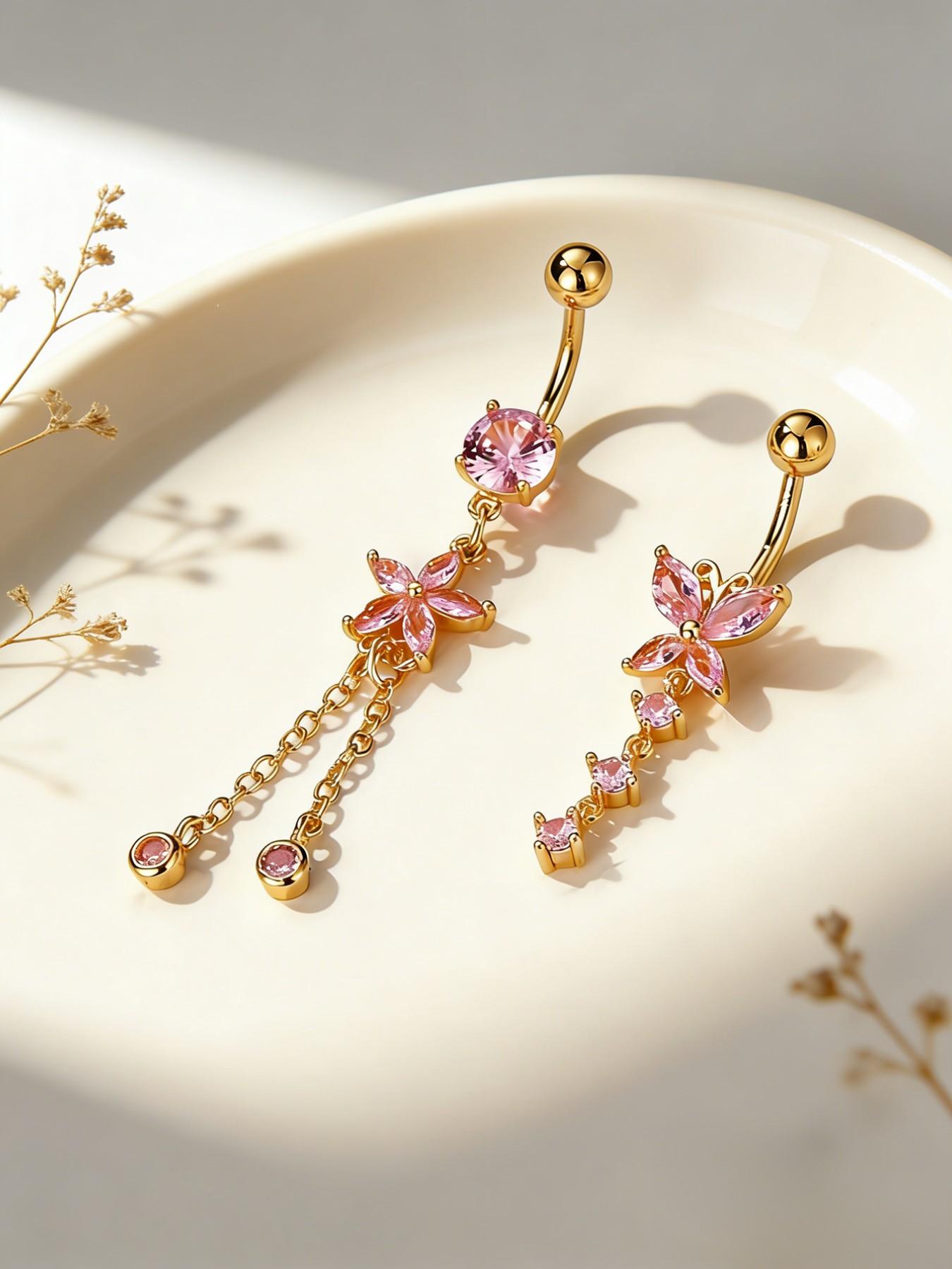 3-Piece Women's Y2K Artificial Zircon Belly Ring Set, Heart Butterfly Flower Teardrop Pendant, Beach Party Fashion Jewelry, Belly Piercing Jewelry, Body Jewelry, Belly Button Jewelry