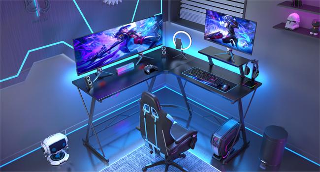 Mr IRONSTONE L Shaped Gaming Desk with Led Lights Corner Computer Desk with Carbon Fiber Surface, Home Office Desks Writing Workstation with Large Monitor Stand , Easy to Assemble 51 Inch