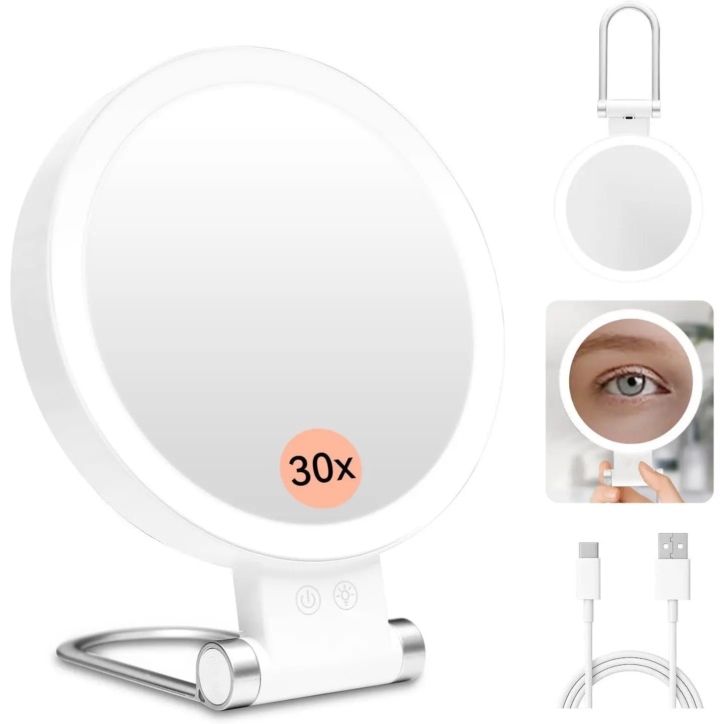 Makeup Mirror with Lights, Magnifying Mirror 1X/30X with Adjustable 3 Color Light, Double Side Control, 2000mAh Rechargeable, Lighted Makeup Mirror with Magnification, Smart Memory, Gift for Women