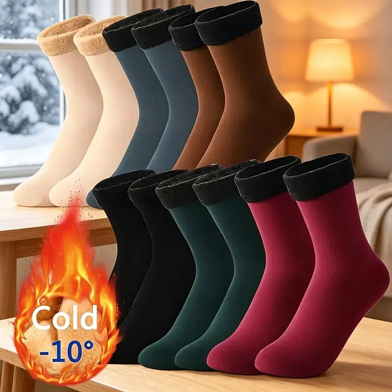 5 Pairs Autumn Winter Socks for Women Thickened Fleece Lined Cold-Proof Warm Self-Heating Snow Socks Unisex Floor Socks Mid-Calf Socks,Valentine's Day and Christmas Gifts Womenswear