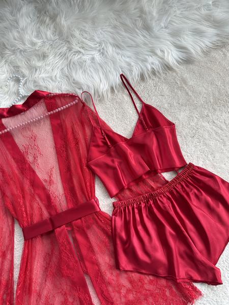 Women's Sheer Mesh Robe Lingerie Set, Sexy Plain Color Spaghetti Strap Shorts Three-Piece Suit, All-Season Fashion Sleepwear for Women