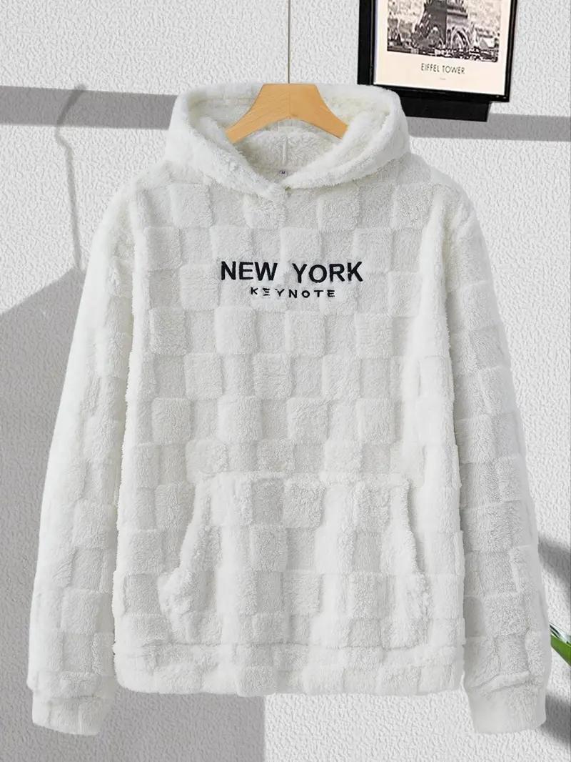 KZZ NewYork Hoodie Men's Letter Embroidery Pocket Textured Flannel Hoodie, Loose Casual Long Sleeve Hooded Sweatshirt for Fall & Winter, Menswear for Daily Wear, Mens Clothing Tops Pullover christmas gifts for him