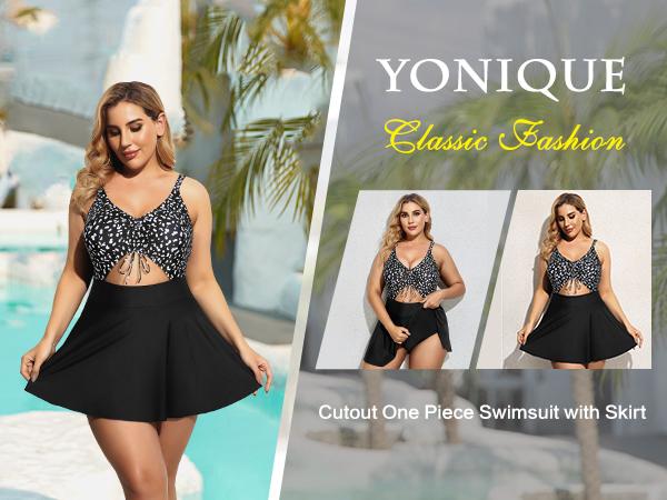 Yonique Women's Plus Size One Piece Swimsuits with Skirt, V-Neck Swimdress with Built-in Bottom, Vintage Cutout Bathing Suit for Plus Size Women, Ideal Holiday Gift for Mom, Wife, Girlfriend