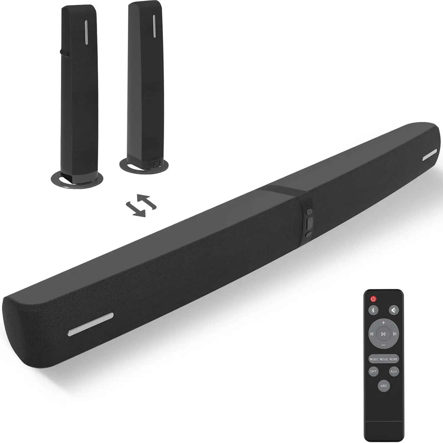 Sound Bar for  TV,90W Soundbar with /ARC/Optical/AUX Connect, Auto Volume Boost, 3 Customizable Equalizer Modes, 2 in 1 Detachable Soundbar for TV/PC/Gaming/Projectors