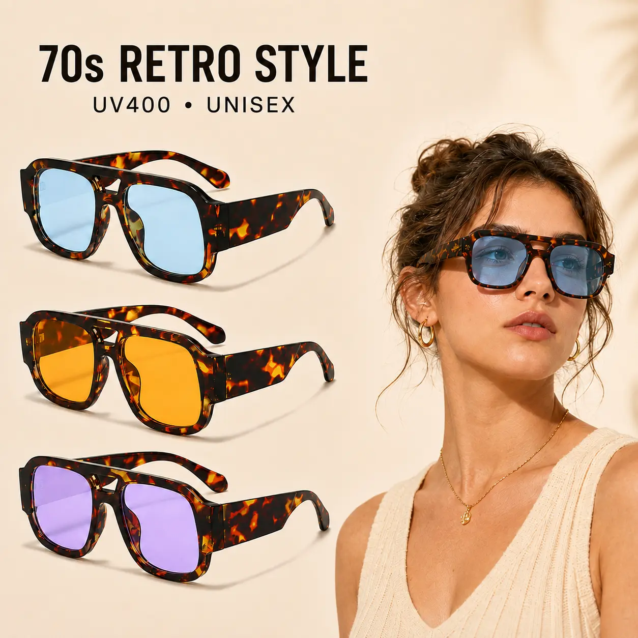 Unisex Retro Double-Bridge Square Aviator Sunglasses - Lightweight UV400 Shield Vintage 70s Pilot Shades with Retro Look for Men & Women, Classic Tinted Eyewear for Driving, Outdoors, Summer Wear