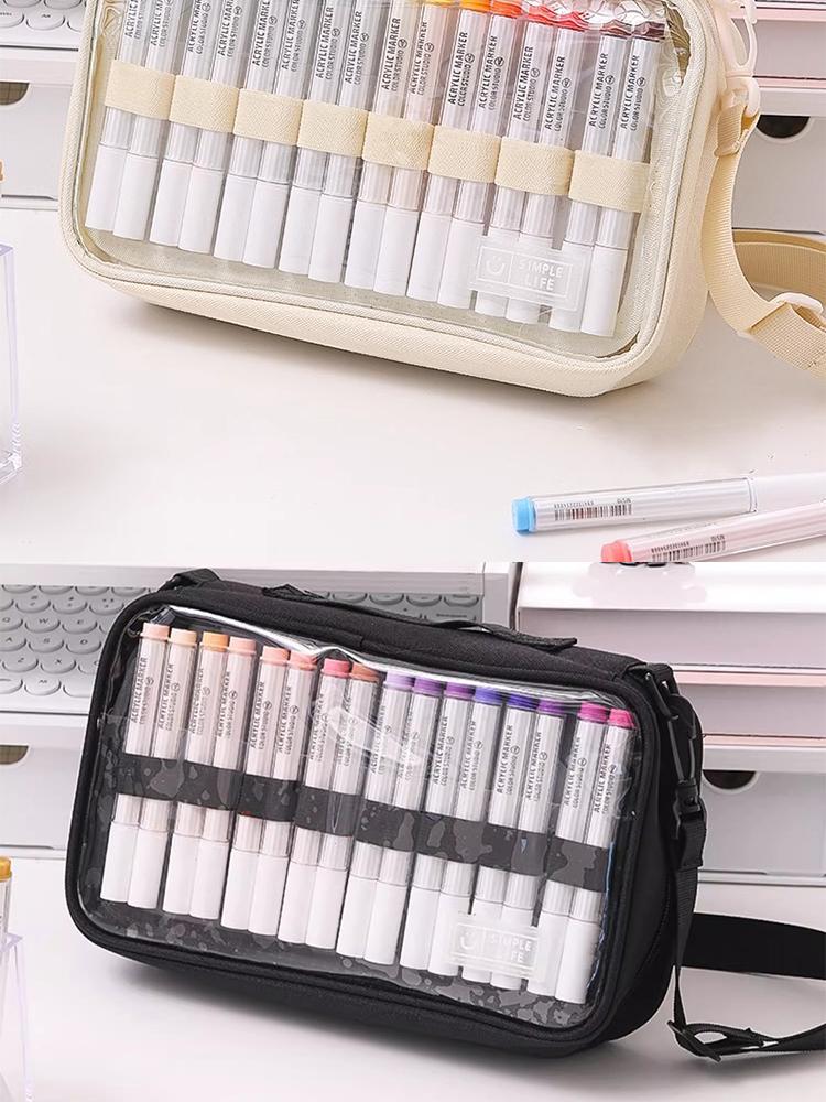 Mark Pen Storage Bag, Multi-Layer Organizer, Large Capacity Holds Up to 64 Mark Pens, Transparent Zippered Pouch with Shoulder Strap