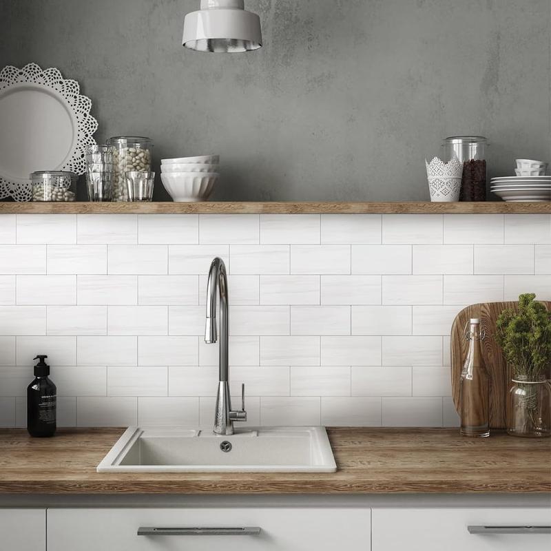 Vamos Tile 100Pcs Water Proof Glossy White Peel and Stick Backsplash,3''x6'' PVC Subway Tile, Stick on Backsplash for Kitchen/Bathroom Decoration Stickers Decorative Ornaments