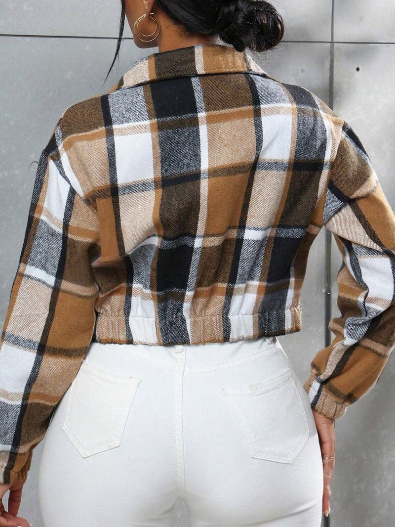 Women's Fall Winter Plaid Button-Front Pocket Jacket, Casual Fitted Long Sleeve Woven Outerwear
