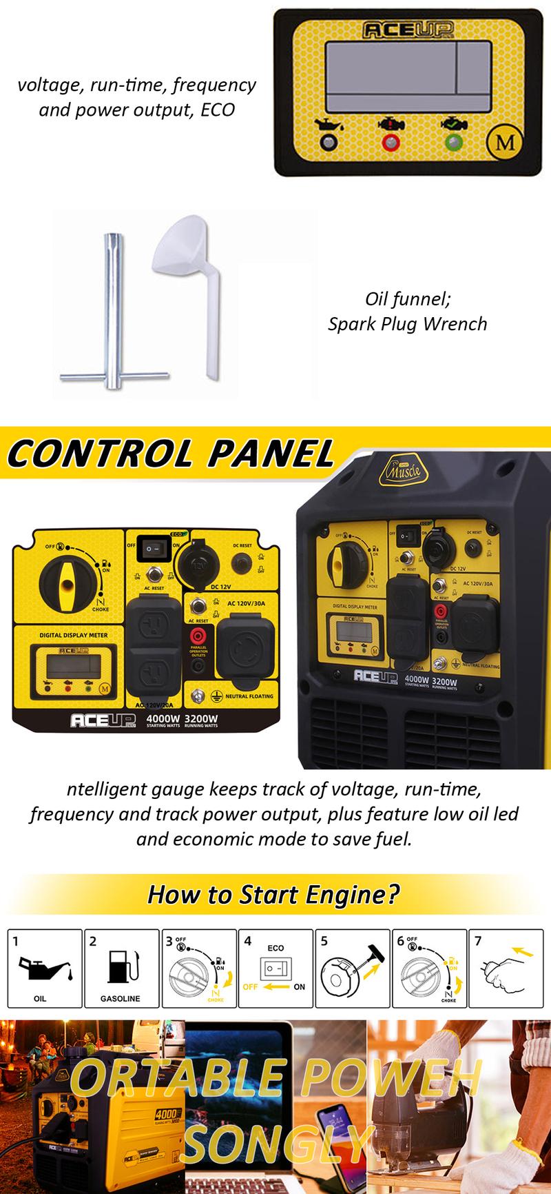 Aceup Energy 4000 Watt Portable Inverter Generator, Gas Powered Generator Quiet for Home, RV-Ready, EPA Compliant - AI4000S
