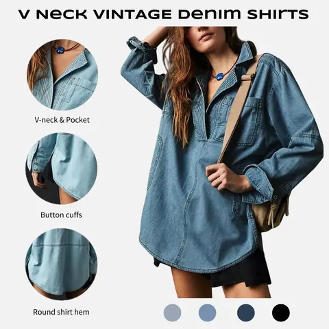 FMEYOA S~2XL Womenswear FallFreshness Denim Pullover Casual Comfort Button V Neck Blouse Loose Fit Tops Longsleeves Jean Jacket With Pocket
