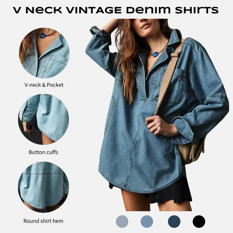 FMEYOA S~2XL Womenswear FallFreshness Denim Pullover Casual Comfort Button V Neck Blouse Loose Fit Tops Longsleeves Jean Jacket With Pocket