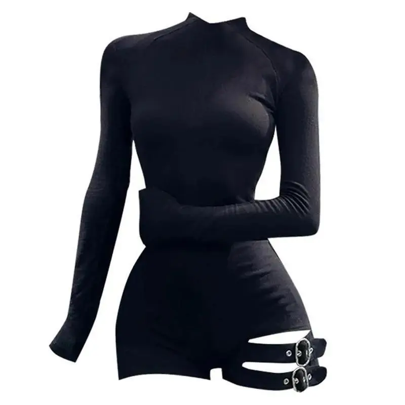 Y2K Bandage Jumpsuit Skinny Long Sleeve Bodysuit Romper Womenswear Turtleneck Basic Black Minimalist Raincoat Compatible