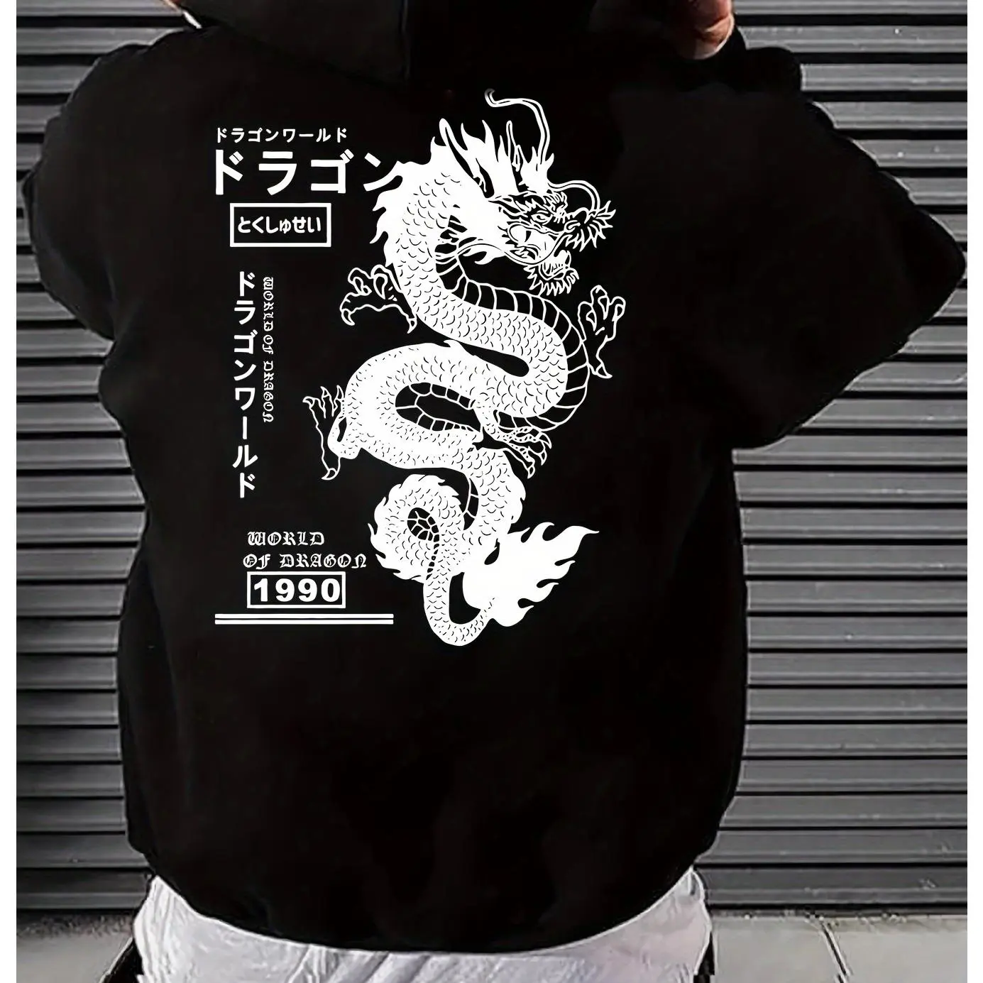 Japanese‑style White Dragon Back‑print Hoodie Oriental Dragon Graphic Pullover Sweatshirt Vintage Kanji Letter Long‑sleeve Hooded Top Casual Loose‑fit Black Street‑wear Aesthetic Daily Outerwear