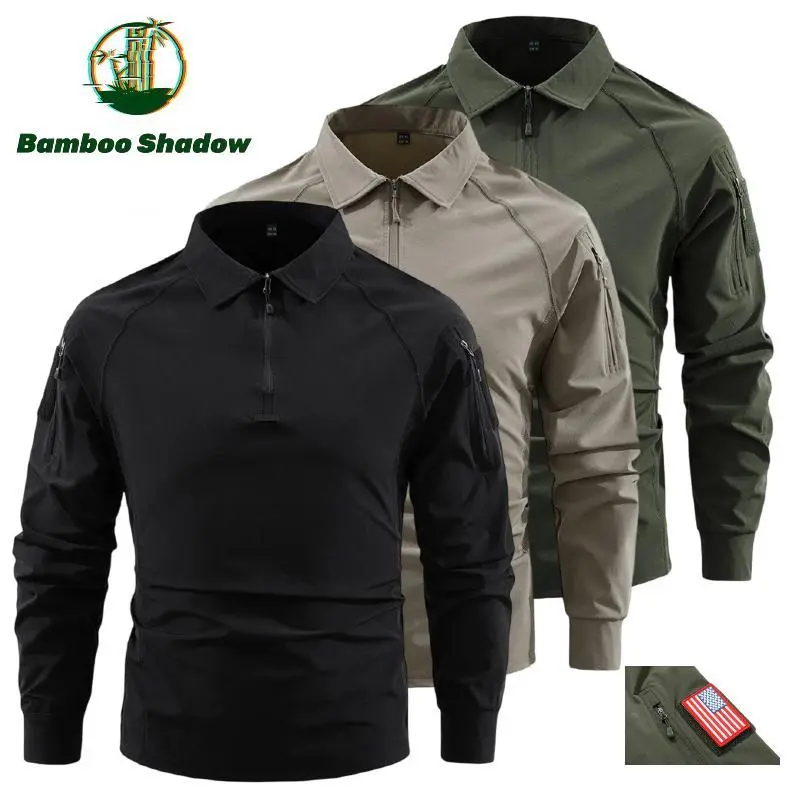 Men's Tactical Long Sleeve Polo Shirt, 1/4 Zip Collar Military Combat Shirt with USA Flag Patch Lightweight Quick Dry Outdoor Hiking Work Shirts