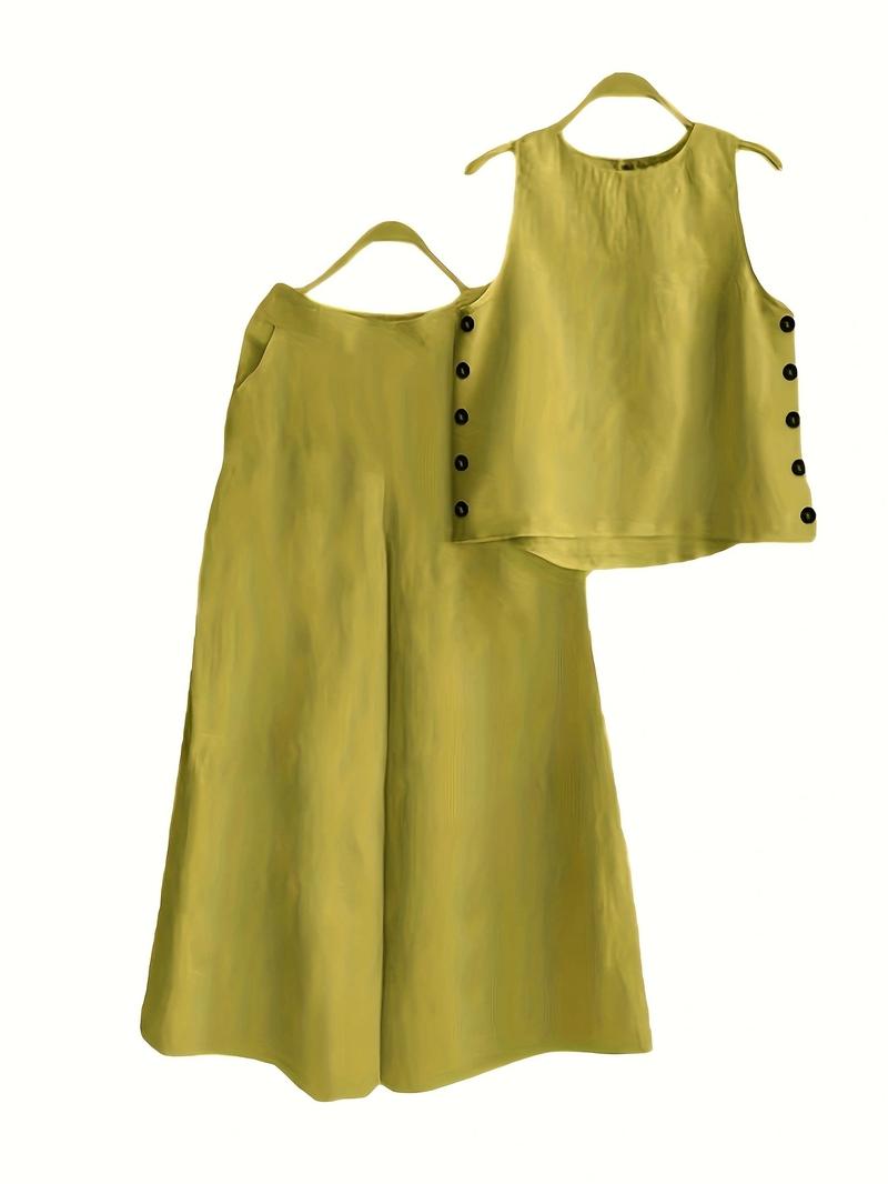 Women's Solid Tank Top & Pocket Wide Leg Pants Set, Matching Clothing Set, Elegant Fashion Casual Two-piece Outfits for Daily Outdoor Wear, Women Clothing for Summer