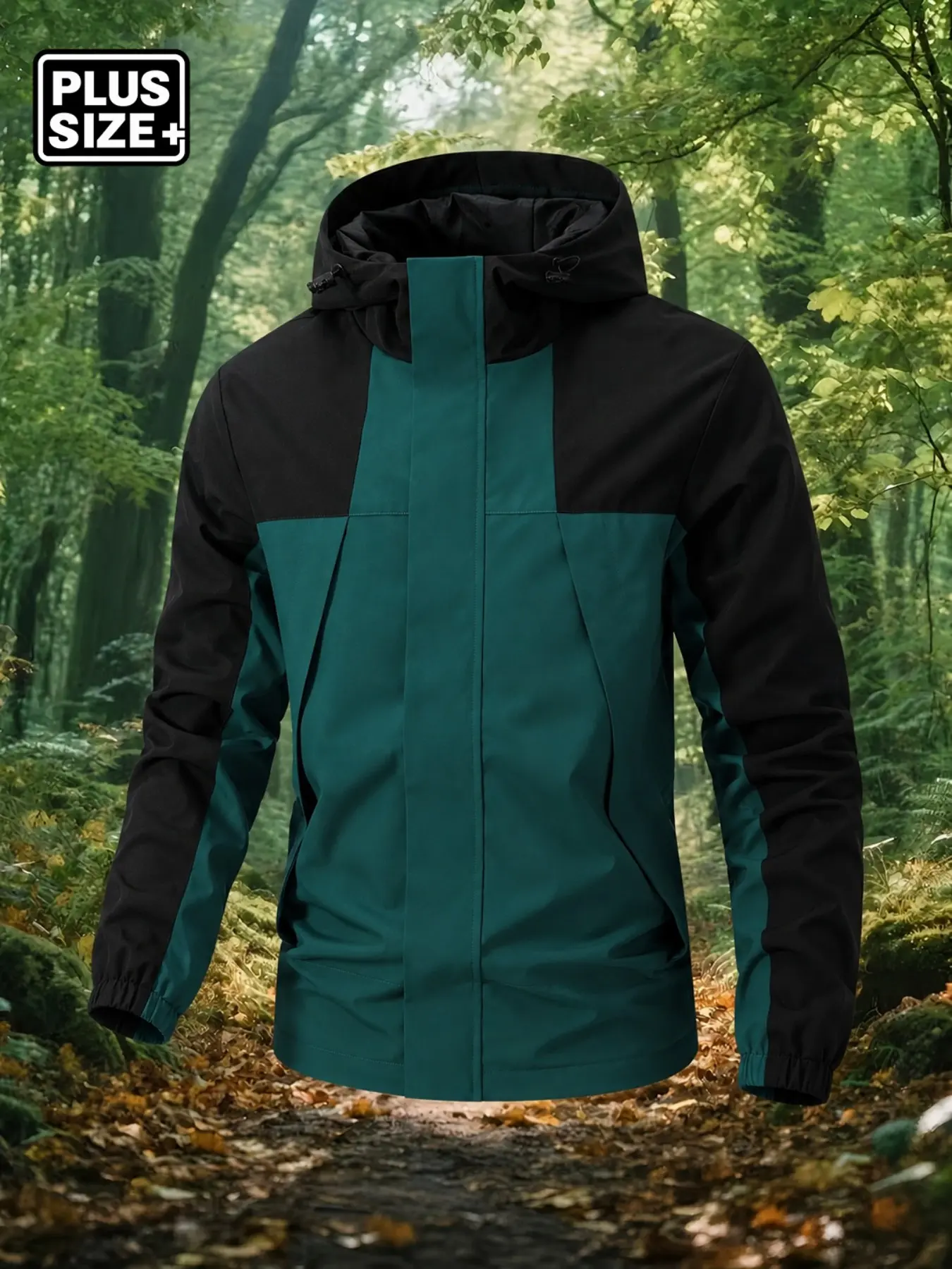 Men's Olive Patchwork Hooded Jacket, Hidden Zipper Front, Diagonal Pocket Design, Casual Sporty Spring Fall Outerwear, Casual Sports Jacket